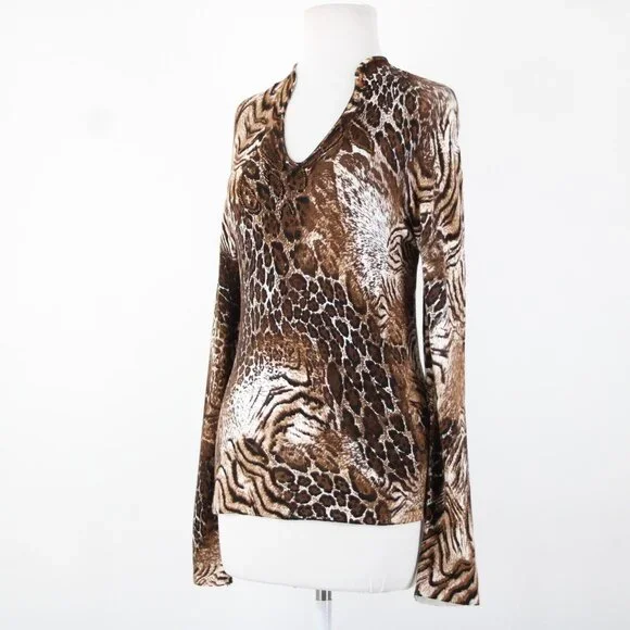 Alberto Makali Sz M Brown White Beaded V Neck Animal Print Viscose Spandex Top - Picture 12 of 16